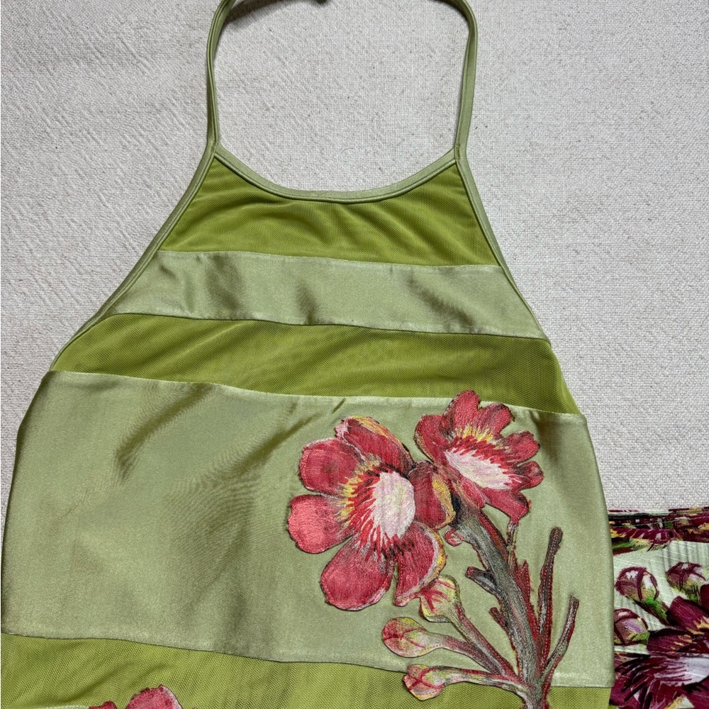 Agua De Coco Lime Green Floral One Piece Swimsuit & Matching Coverup Skirt L - Picture 4 of 11